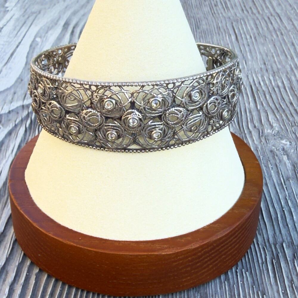 Gimet Italy 925 Sterling Silver Filigree Floral Rose Wide Cuff Bracelet (140)